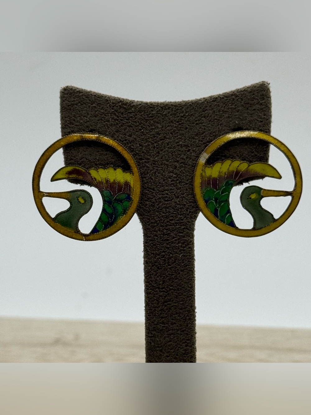 Vintage Green and Yellow Bird enamel circle Earrings